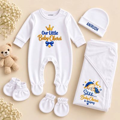 Personalized Baby Surname Newborn Gift Set with Sleeping Bear Swaddle