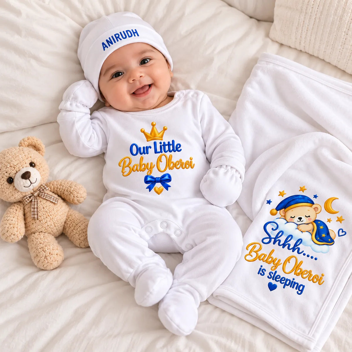Personalized Baby Surname Newborn Gift Set with Sleeping Bear Swaddle