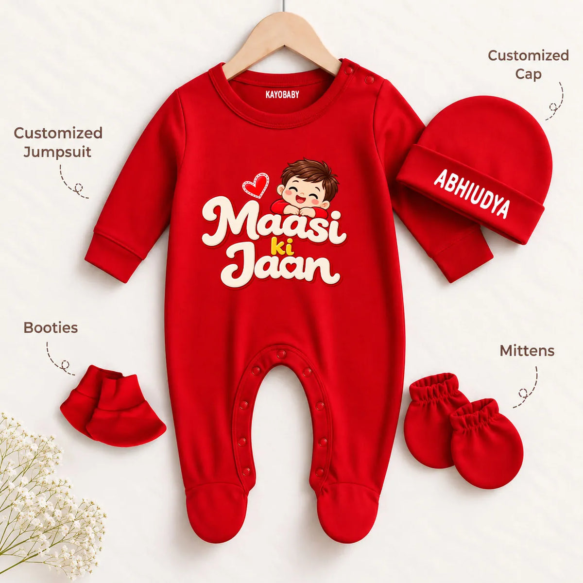 Maasi Ki Jaan Personalized Baby Boy Gift Set with Name Print – Jumpsuit, Cap, Mittens & Booties