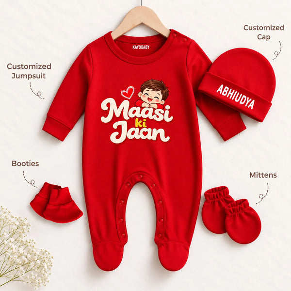 Maasi Ki Jaan Personalized Baby Boy Gift Set with Name Print – Jumpsuit, Cap, Mittens & Booties