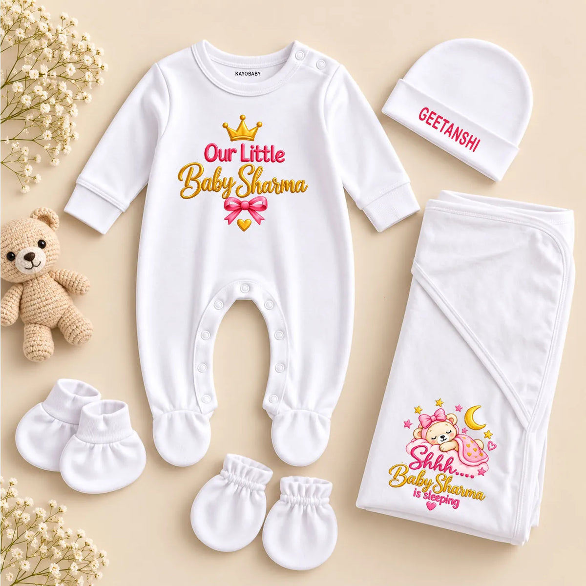 Personalized Baby Surname Newborn Gift Set with Pink Sleeping Teddy Swaddle