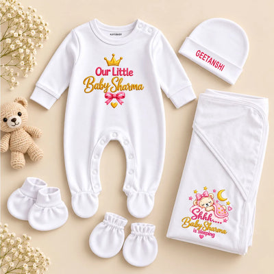 Personalized Baby Surname Newborn Gift Set with Pink Sleeping Teddy Swaddle