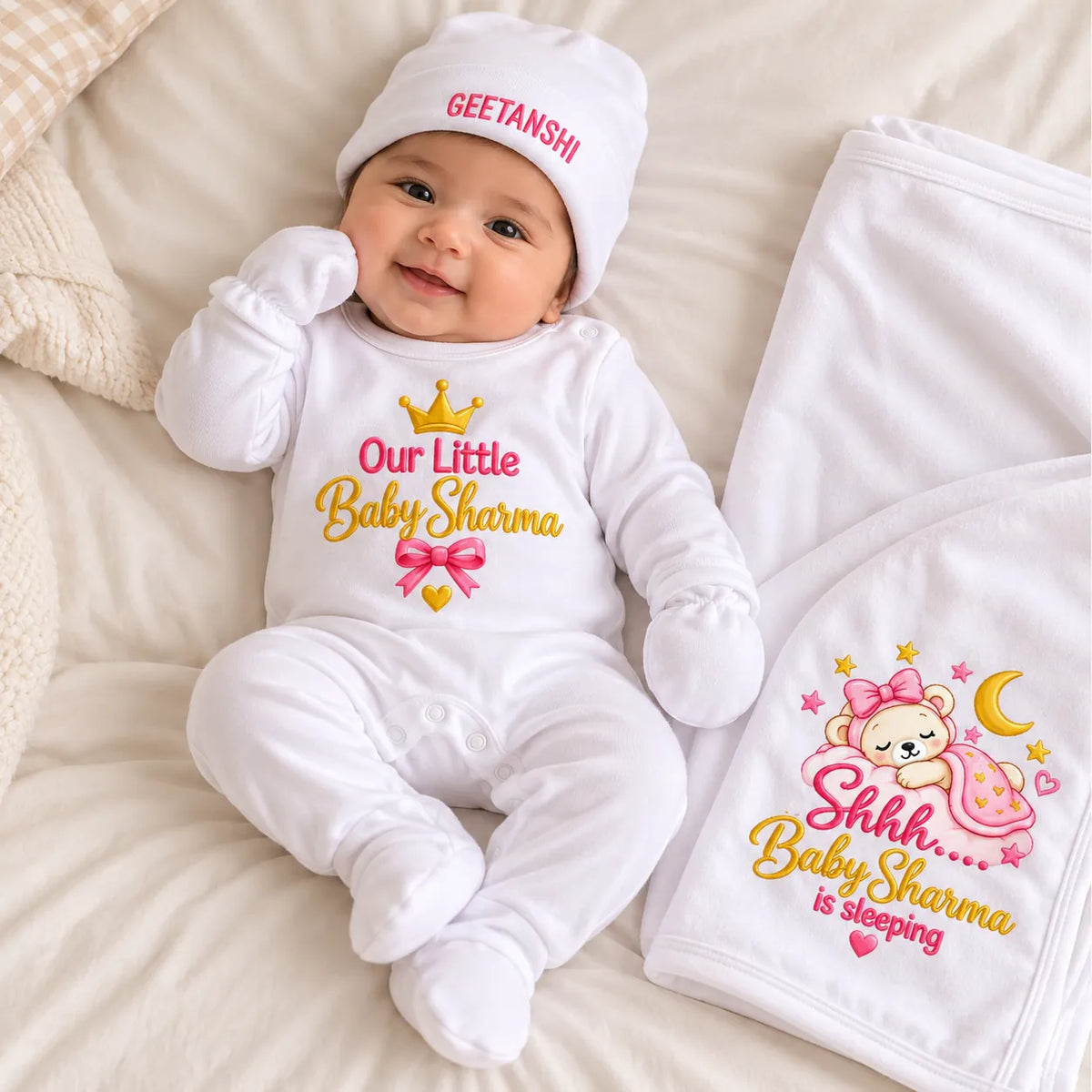 Personalized Baby Surname Newborn Gift Set with Pink Sleeping Teddy Swaddle