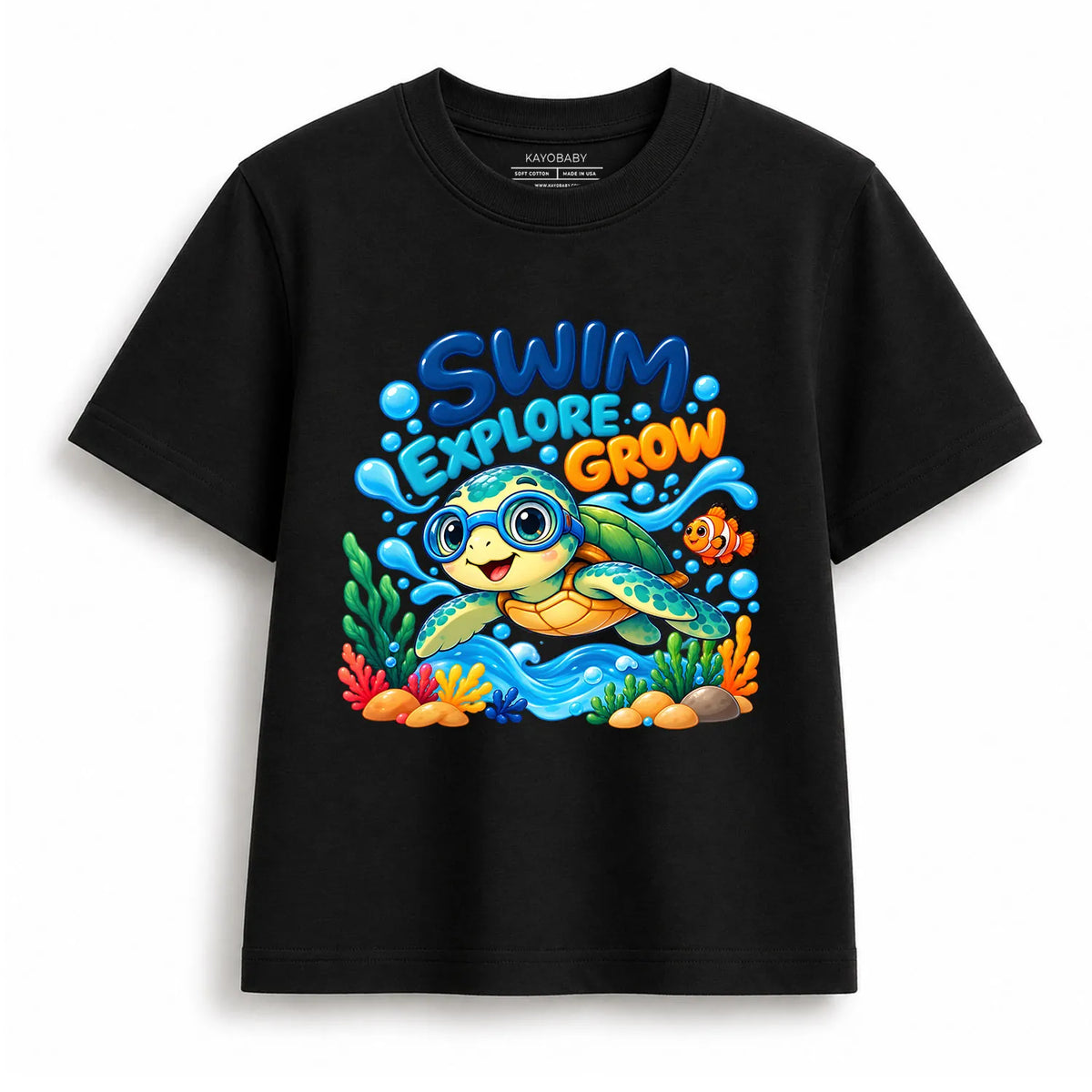Swim Explore Grow Kids T-Shirt | Cute Sea Turtle Graphic Tee