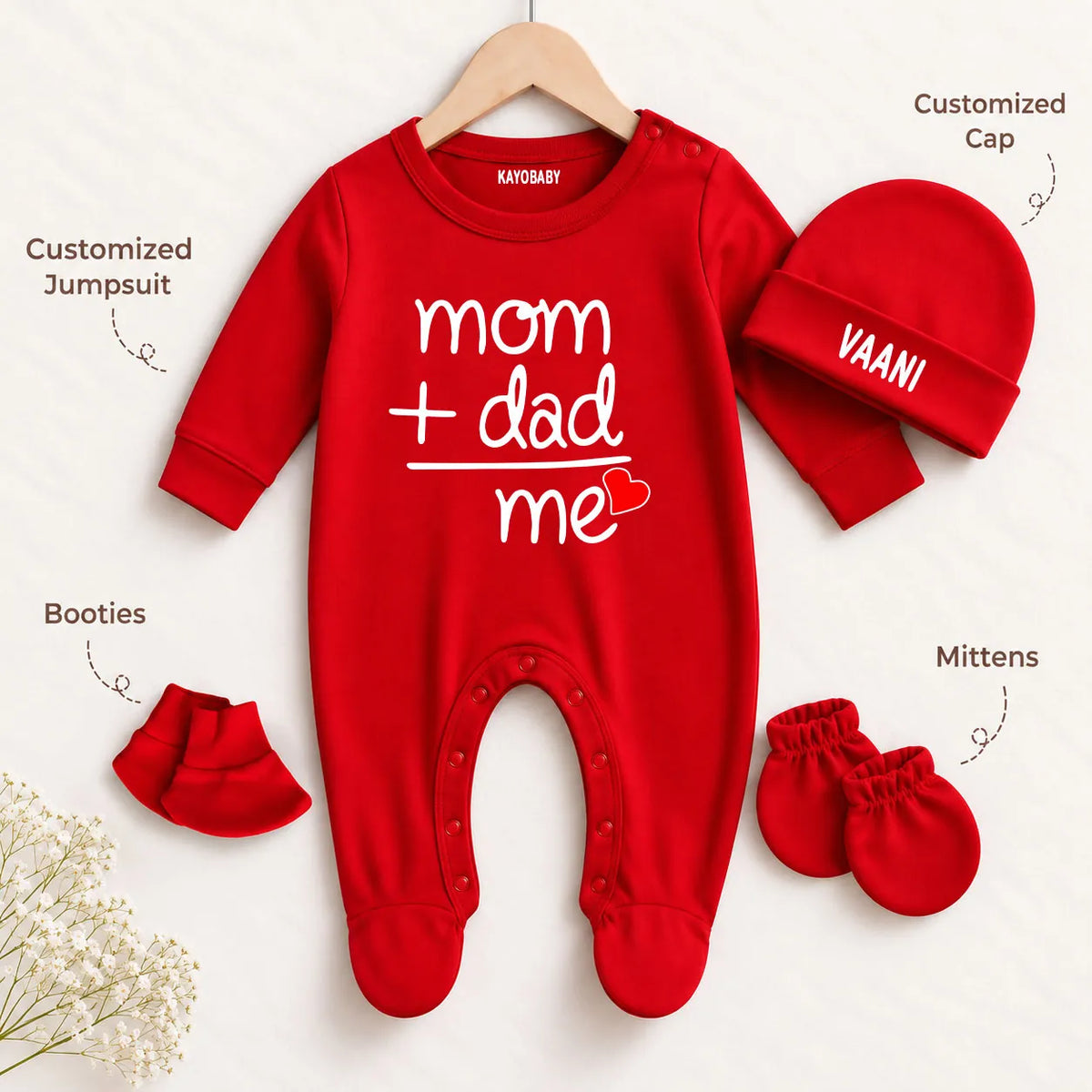 Mom + Dad = Me Personalized Baby Gift Set with Name Print – Jumpsuit, Cap, Mittens & Booties