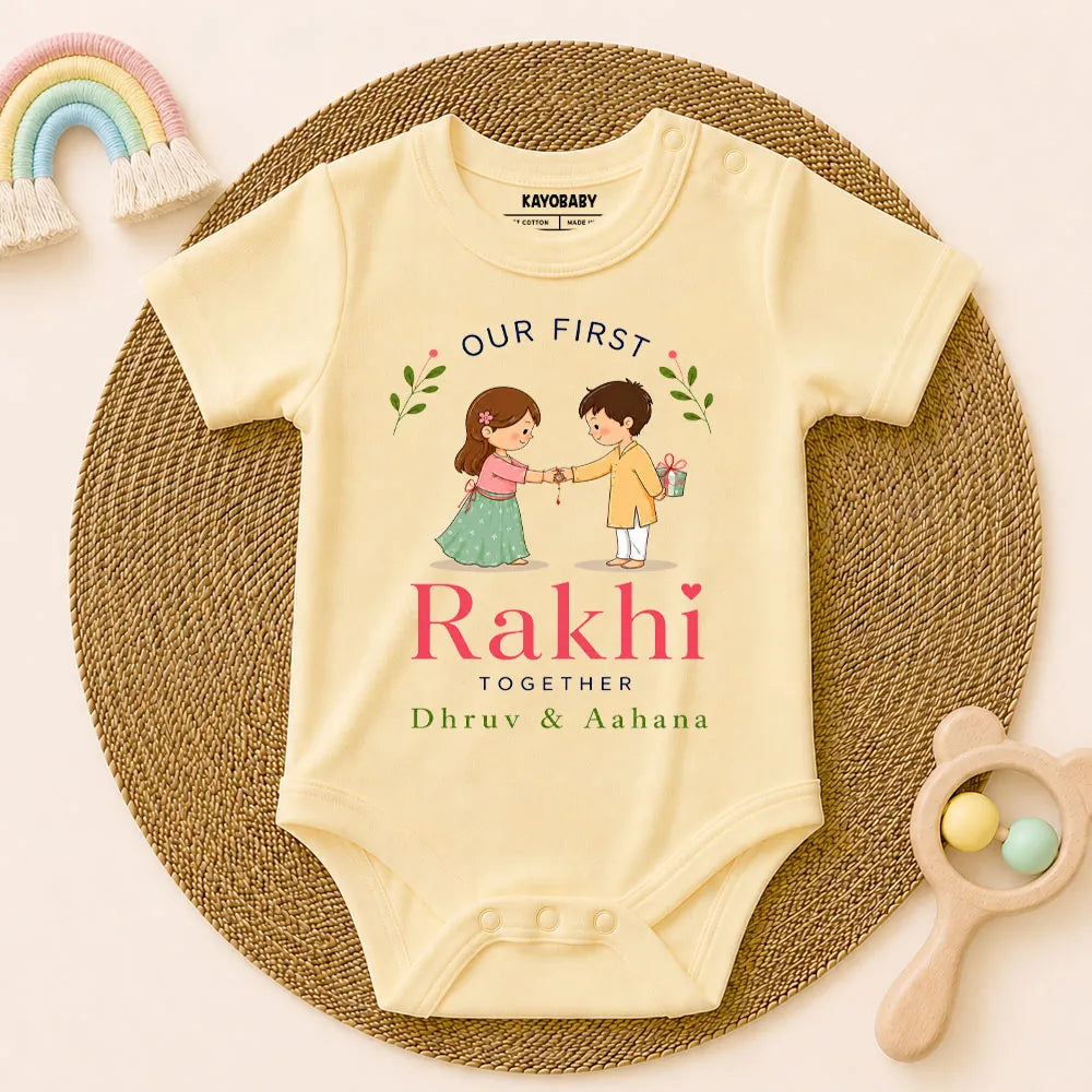 Personalized Our First Rakhi Together Romper | Custom Sibling Names Baby Outfit