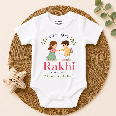 Personalized Our First Rakhi Together Romper | Custom Sibling Names Baby Outfit