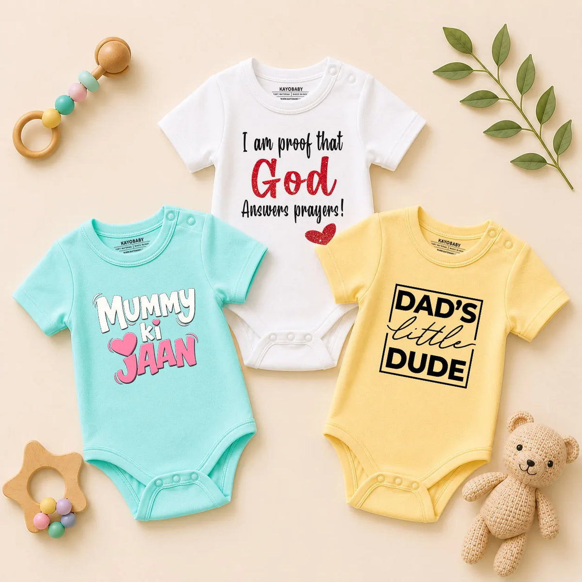 Little Miracle baby romper combo set pack of 3 aqua white yellow KayoBaby India