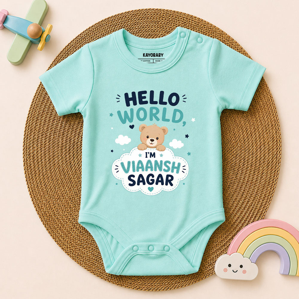 Personalized Hello World Baby Romper – Custom Baby Name Newborn Announcement Outfit