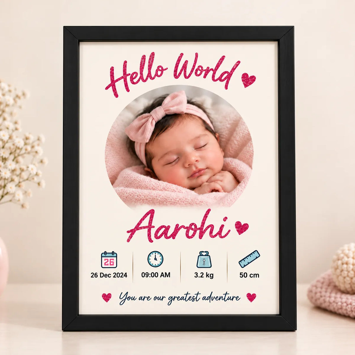Personalised Baby Girl “Hello World” Frame | Newborn Keepsake | KayoBaby