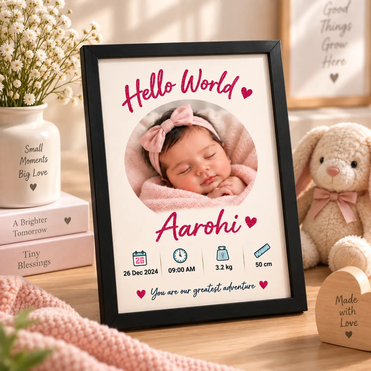 Personalised Baby Girl “Hello World” Frame | Newborn Keepsake | KayoBaby