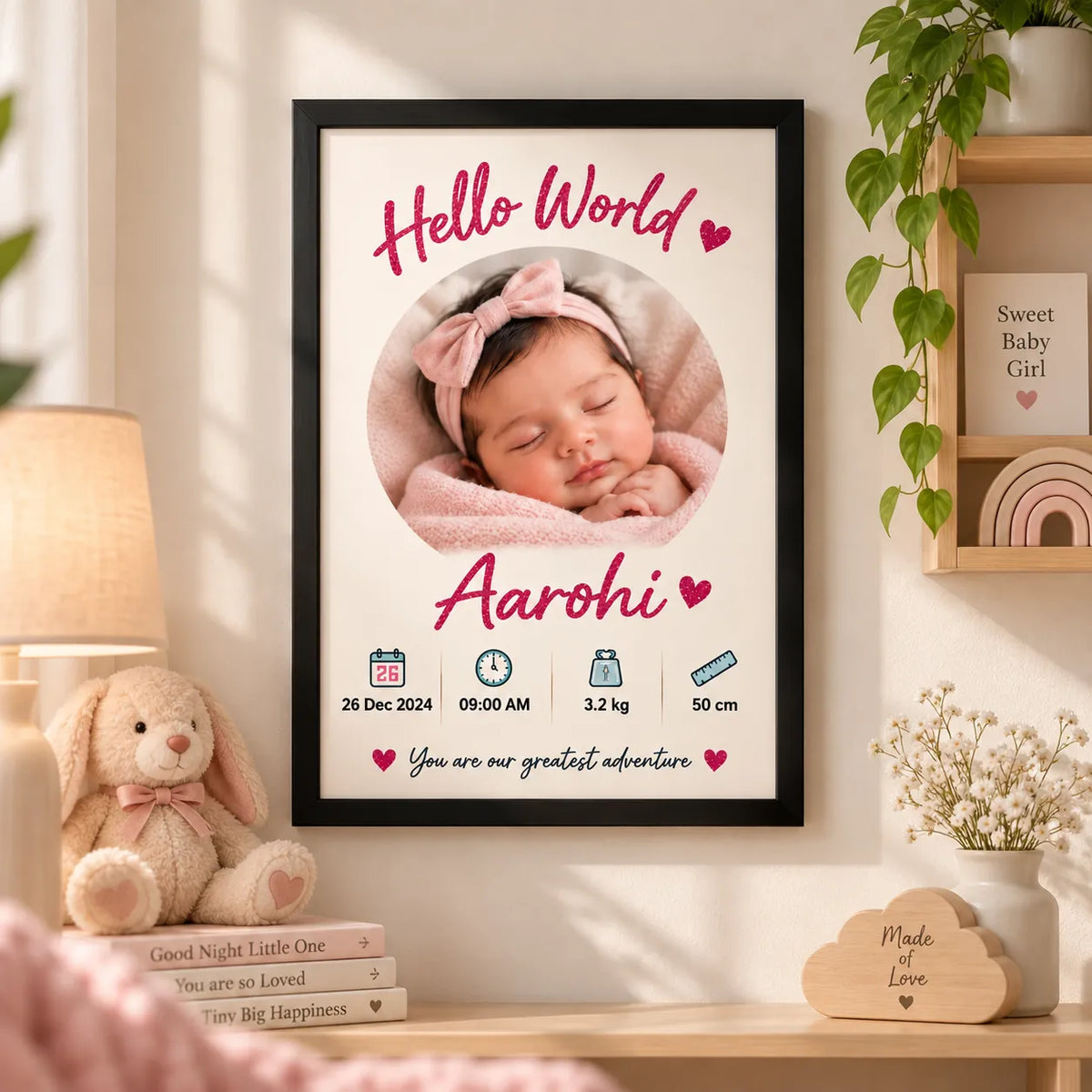 Personalised Baby Girl “Hello World” Frame | Newborn Keepsake | KayoBaby