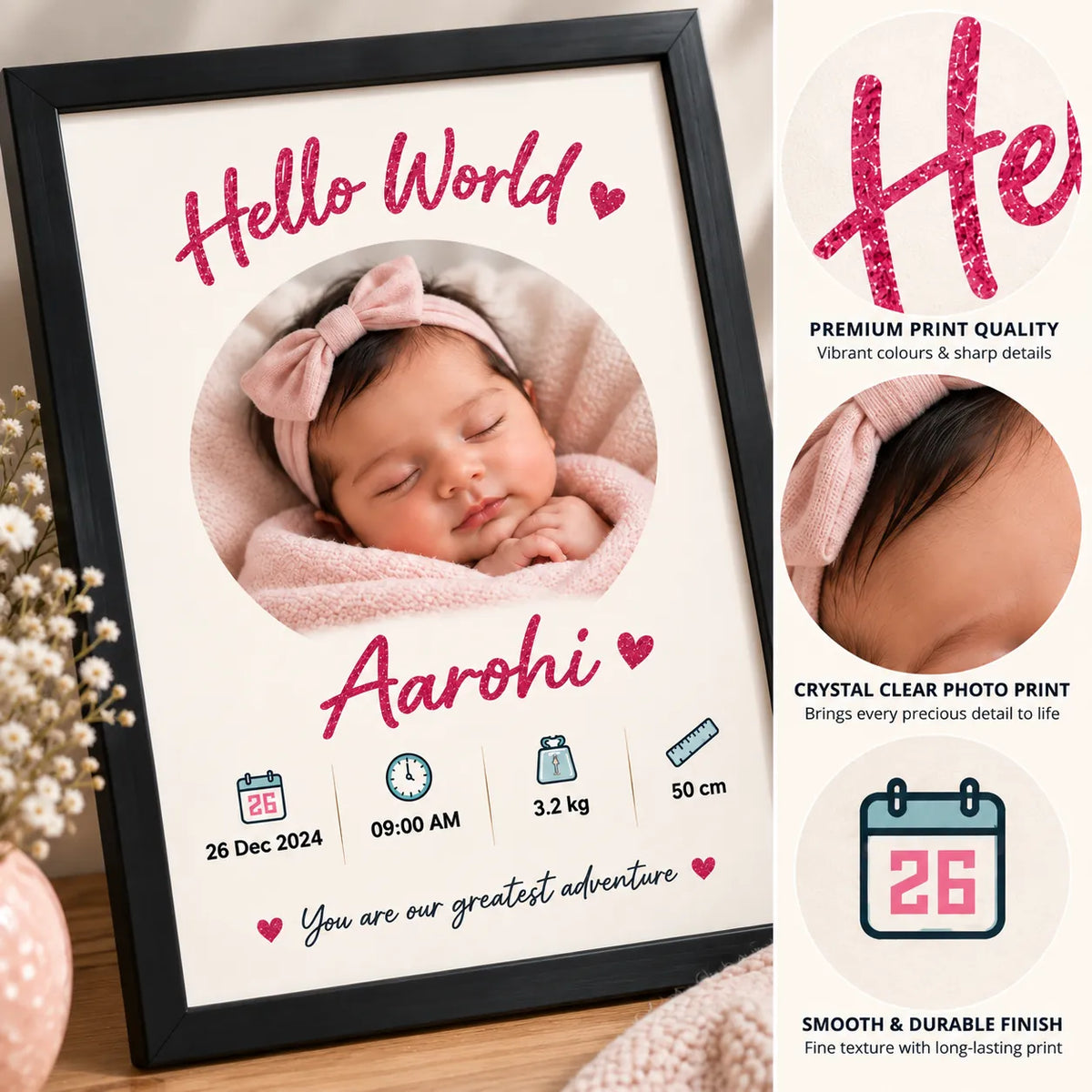 Personalised Baby Girl “Hello World” Frame | Newborn Keepsake | KayoBaby