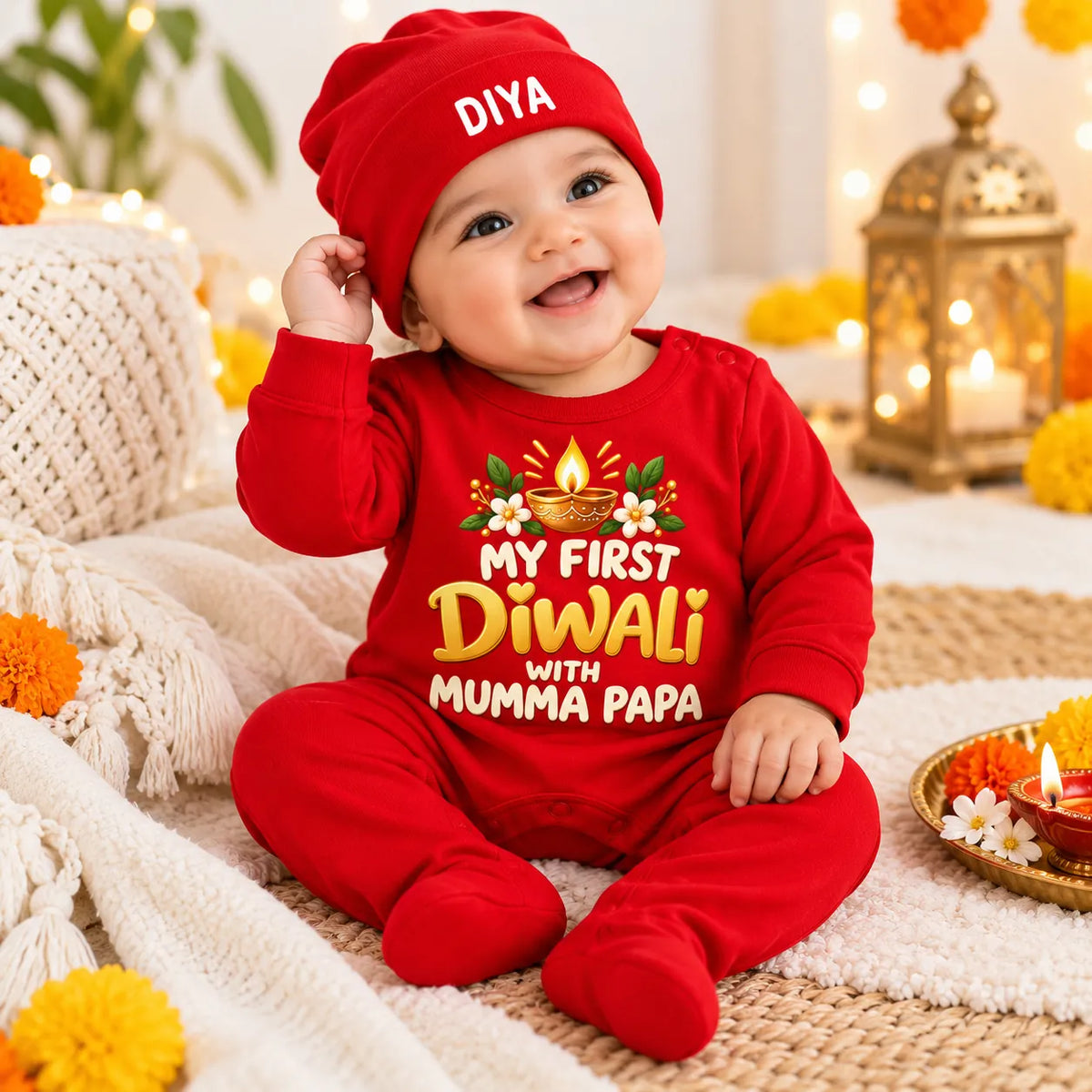 Personalized Baby Diwali Romper Set with Name Cap – Red Festive Edition
