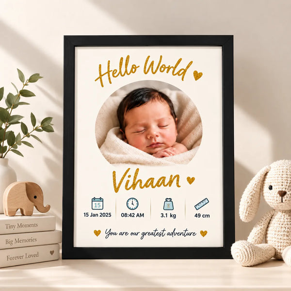 Personalised Baby Boy “Hello World” Frame | Newborn Keepsake | KayoBaby