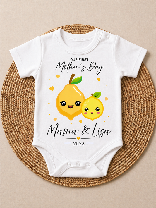 Our First Mother’s Day Baby Romper 2026 | Cute Mama & Baby Lemon Print Bodysuit | Personalized New Mom Gift | Infant Onesie