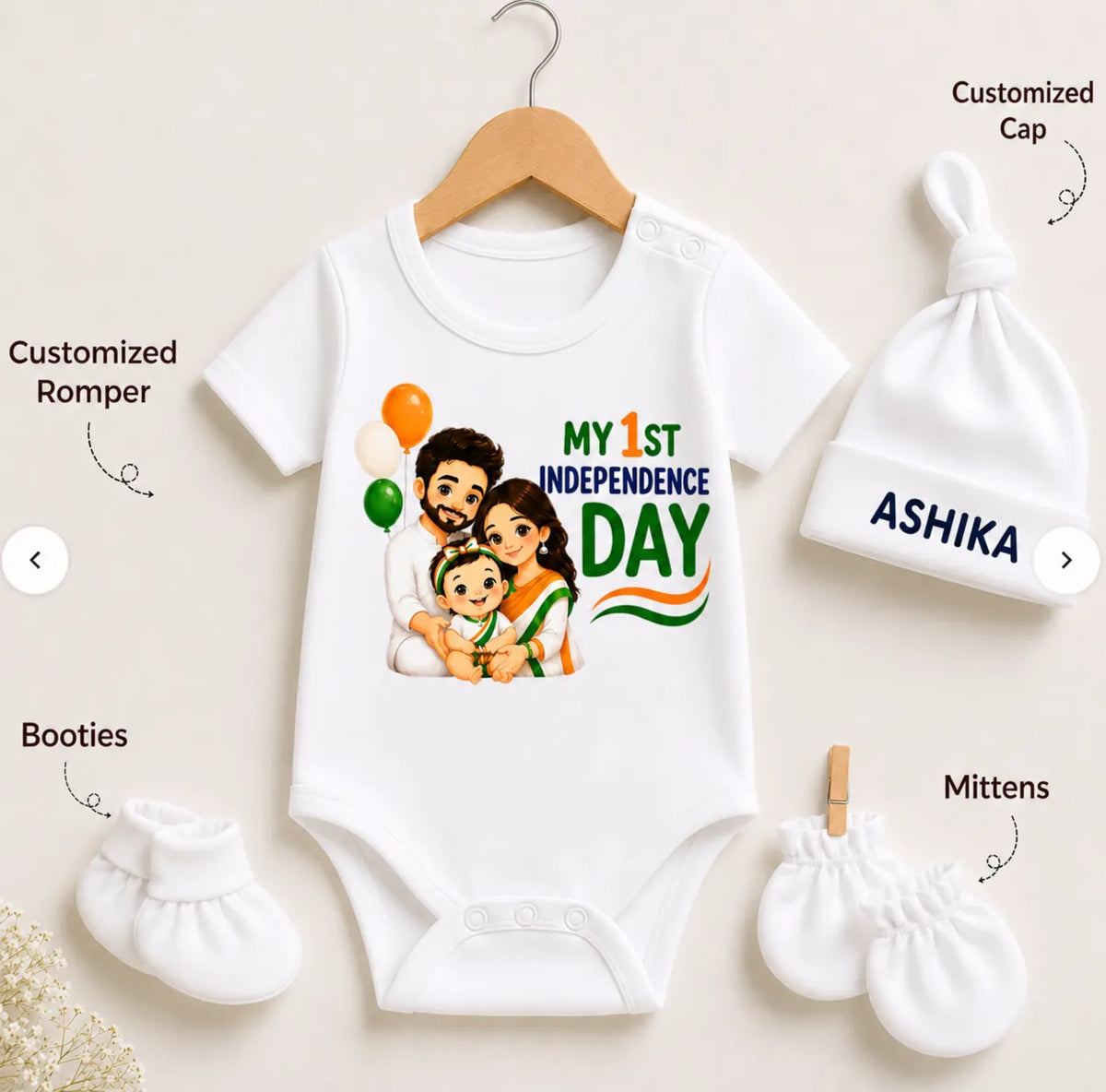 Personalized My 1st Independence Day 4-Piece Newborn Gift Set | Custom Baby Name Romper Set