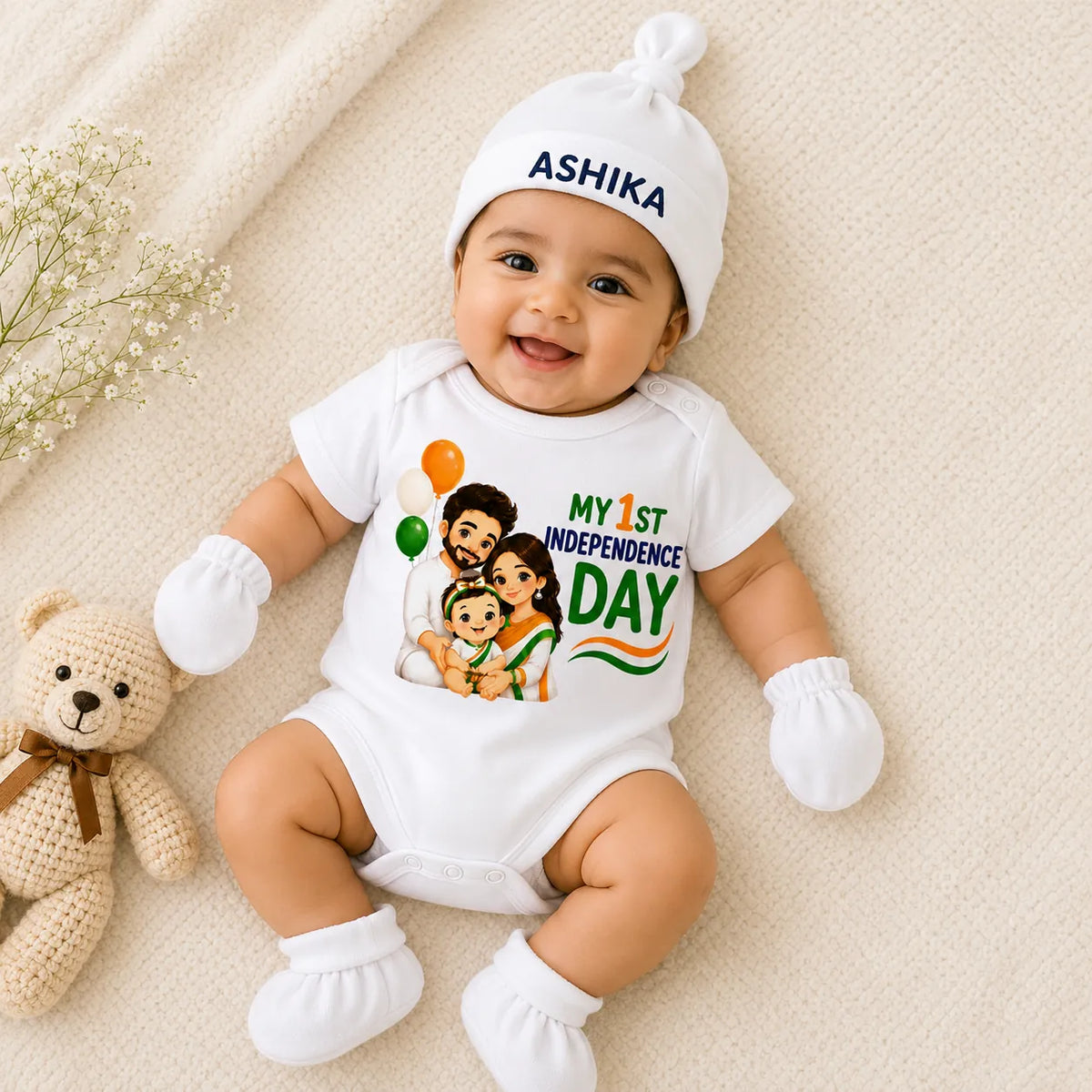 Personalized My 1st Independence Day 4-Piece Newborn Gift Set | Custom Baby Name Romper Set