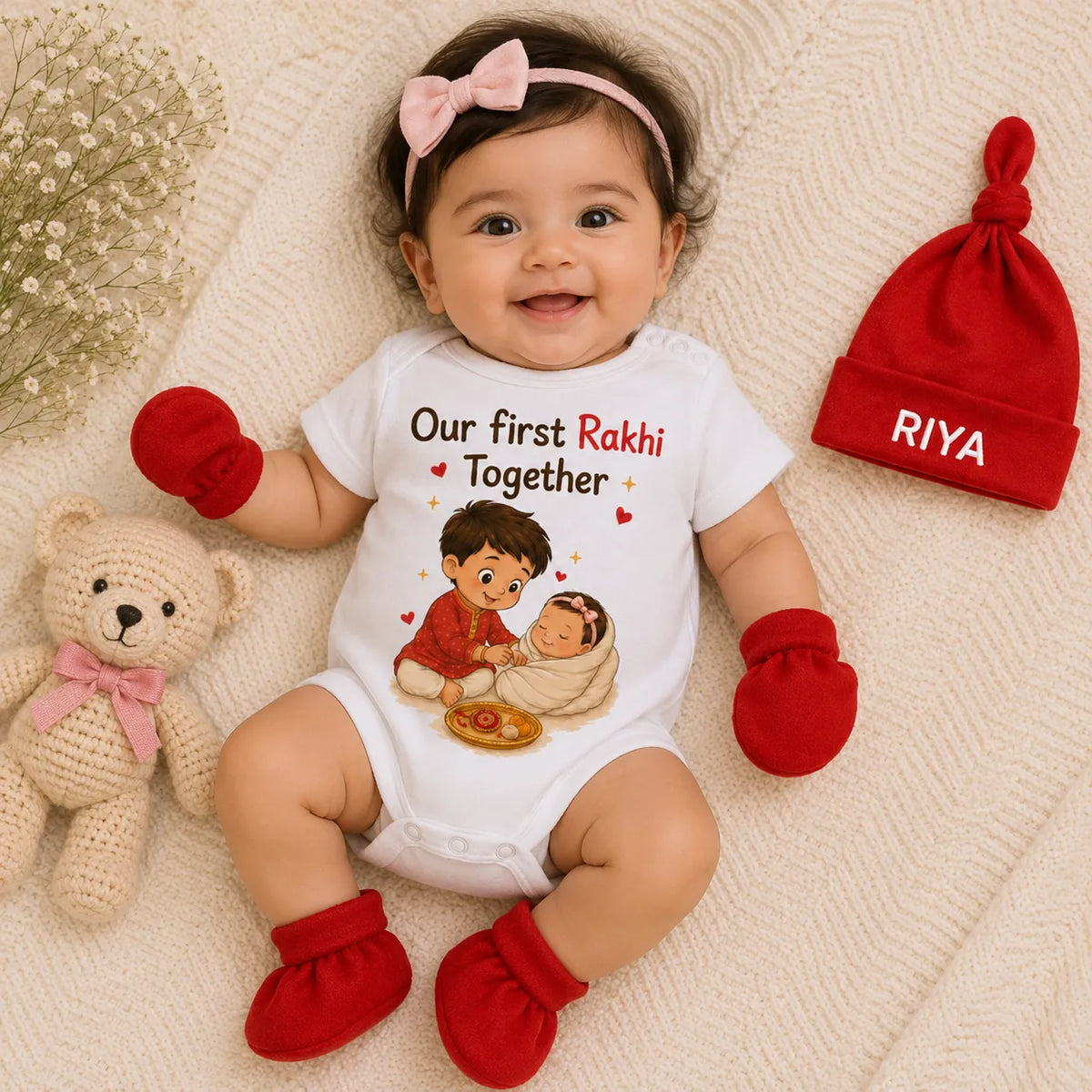 Personalized Our First Rakhi Together 4-Piece Newborn Gift Set for Sister | Custom Baby Name Romper Set