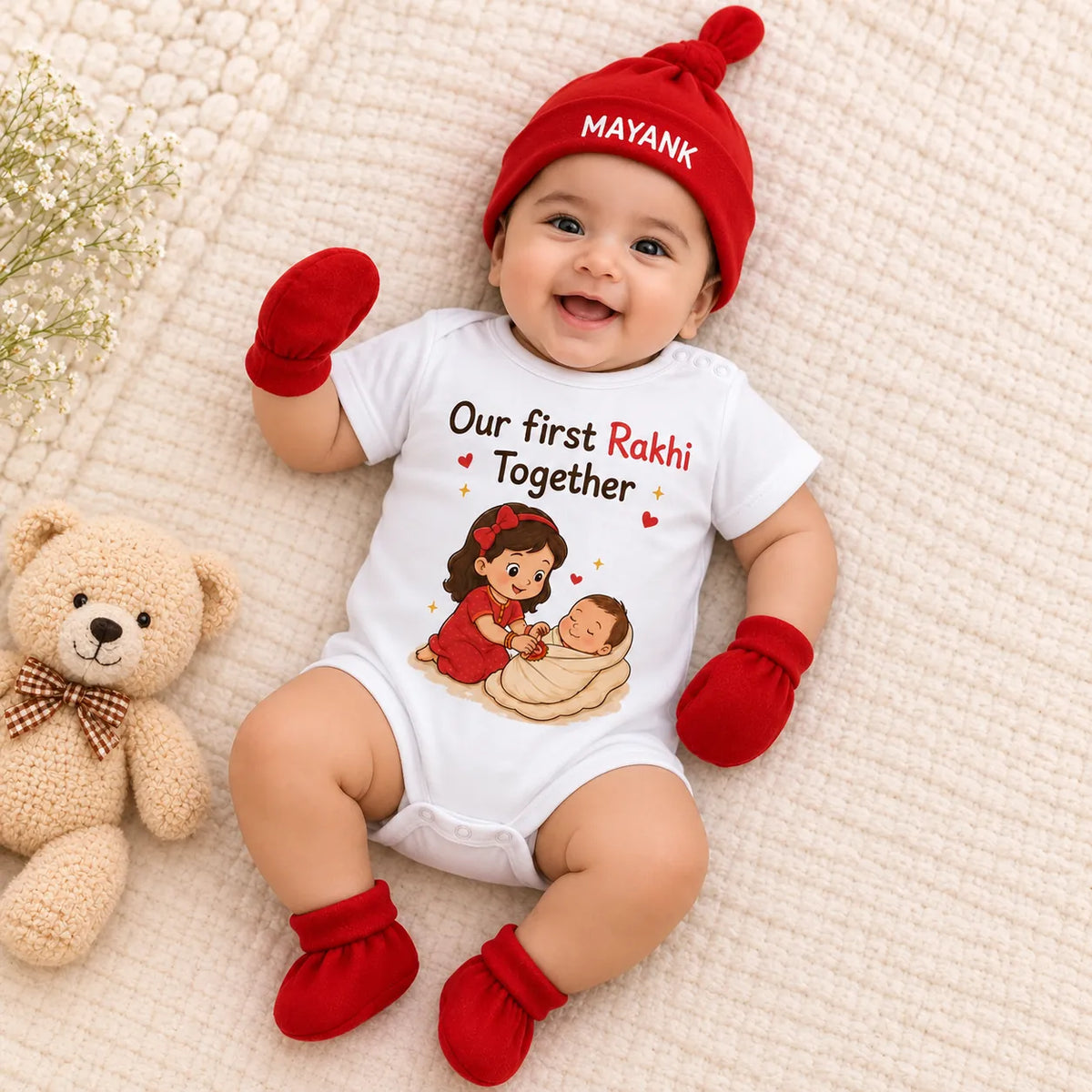 Personalized Our First Rakhi Together 4-Piece Newborn Gift Set | Custom Baby Name Romper Set