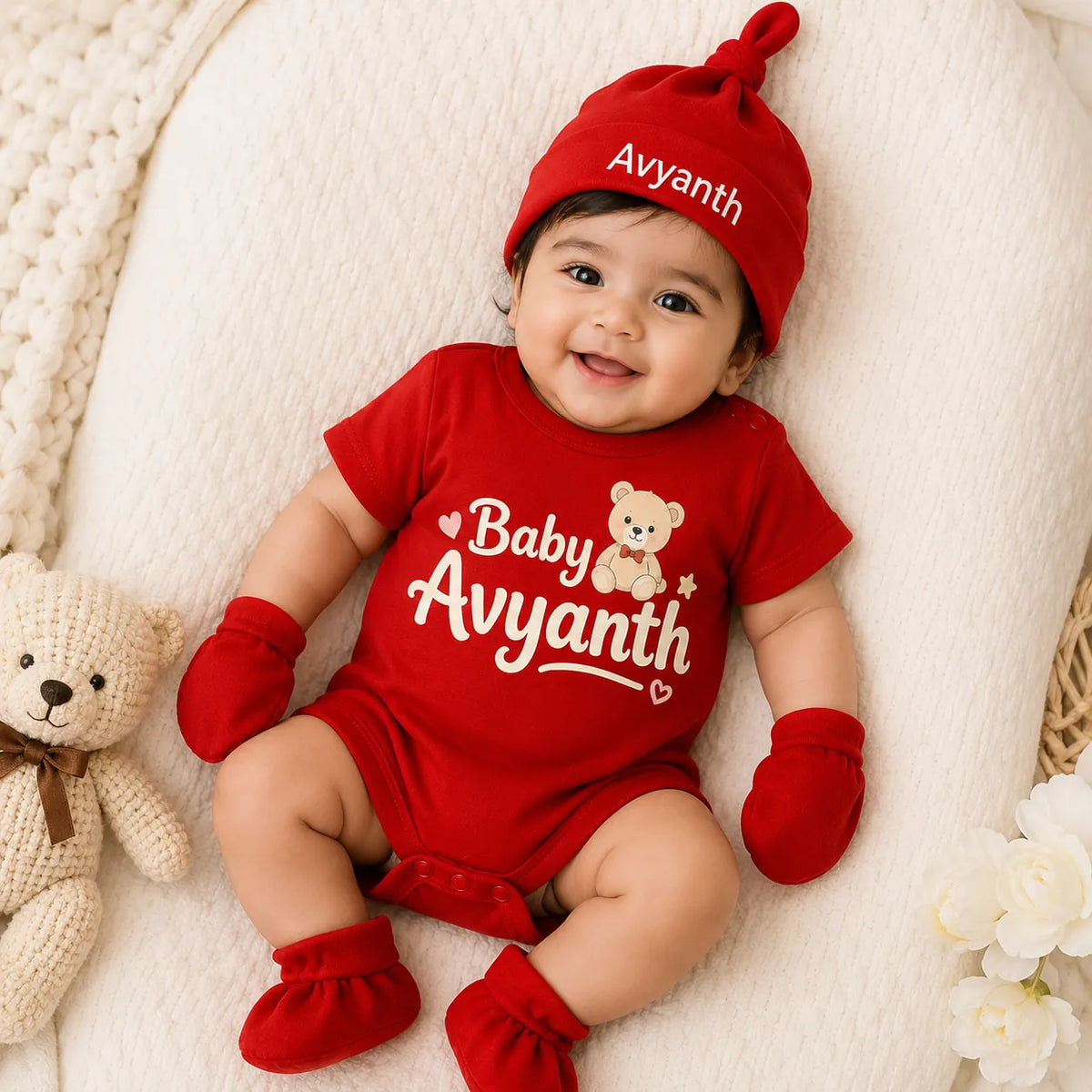 Personalized Baby Name 4-Piece Newborn Gift Set | Custom Name Romper, Cap, Mittens & Booties