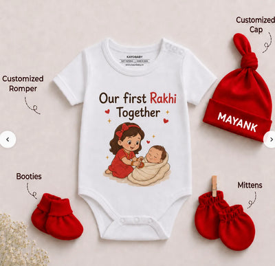 Personalized Our First Rakhi Together 4-Piece Newborn Gift Set | Custom Baby Name Romper Set