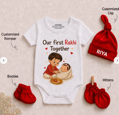 Personalized Our First Rakhi Together 4-Piece Newborn Gift Set for Sister | Custom Baby Name Romper Set