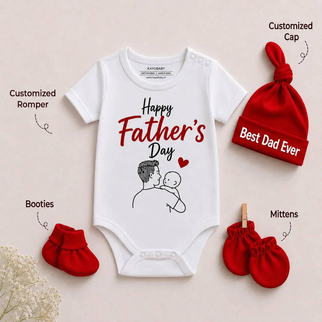 Happy Father's Day Baby Gift Set - Personalized Romper, Cap, Mittens & Booties