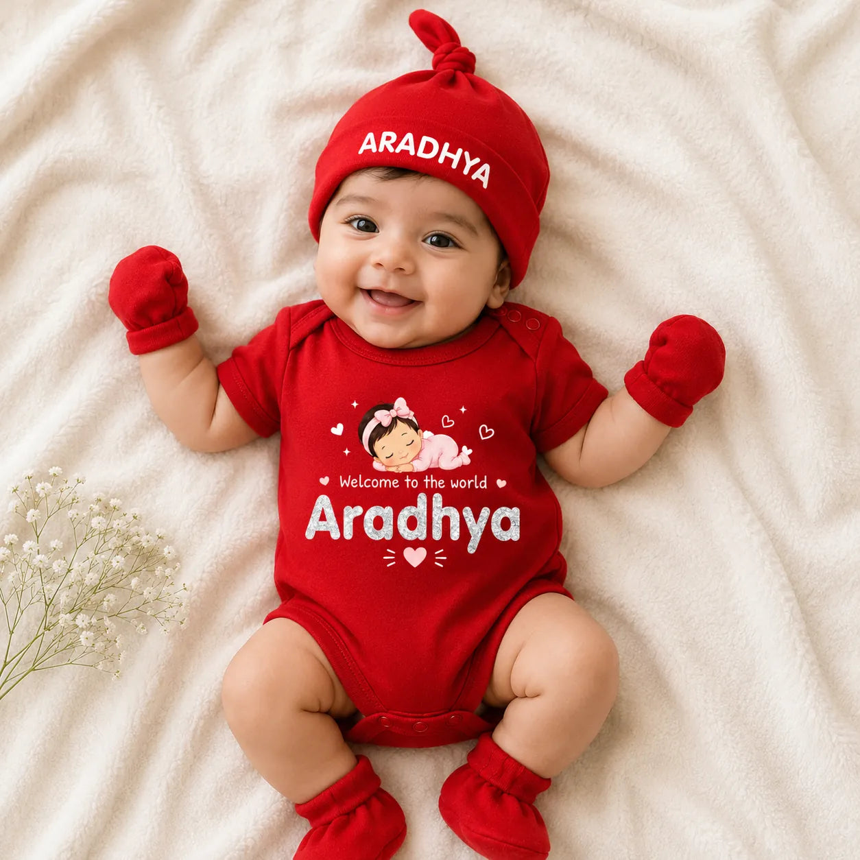 Welcome to the world Romper Set with Cap / Mitten / Booties For Newborn - Baby Girl