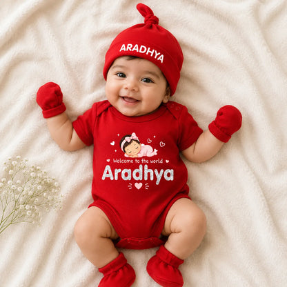 Welcome to the world Romper Set with Cap / Mitten / Booties For Newborn - Baby Girl