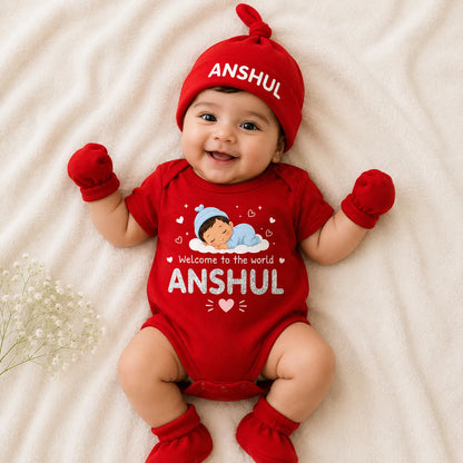 Welcome to the world Romper Set with Cap / Mitten / Booties For Newborn - Baby Boy