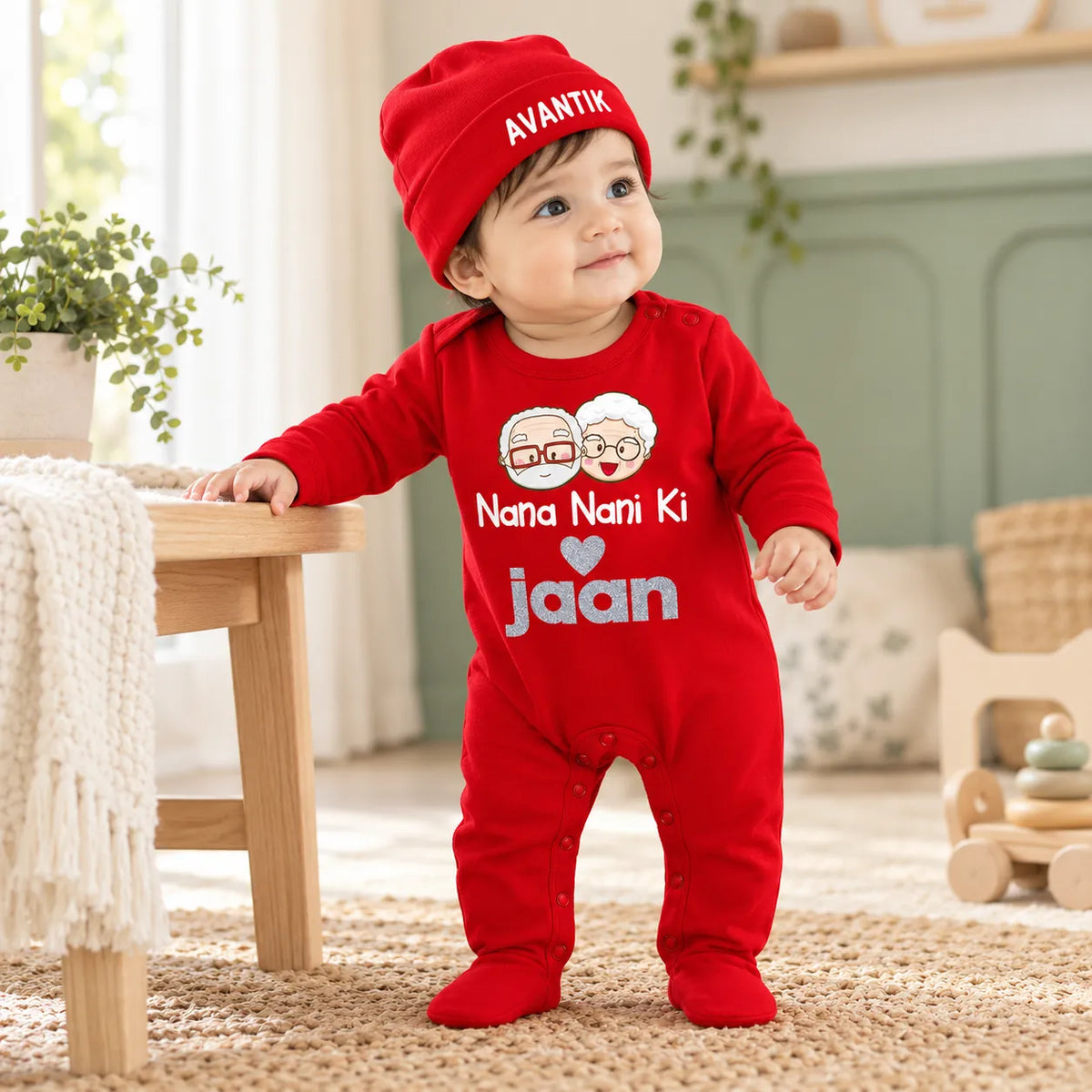 Nana Nani Ki Jaan Personalized Baby Gift Set with Name Print – Jumpsuit, Cap, Mittens & Booties
