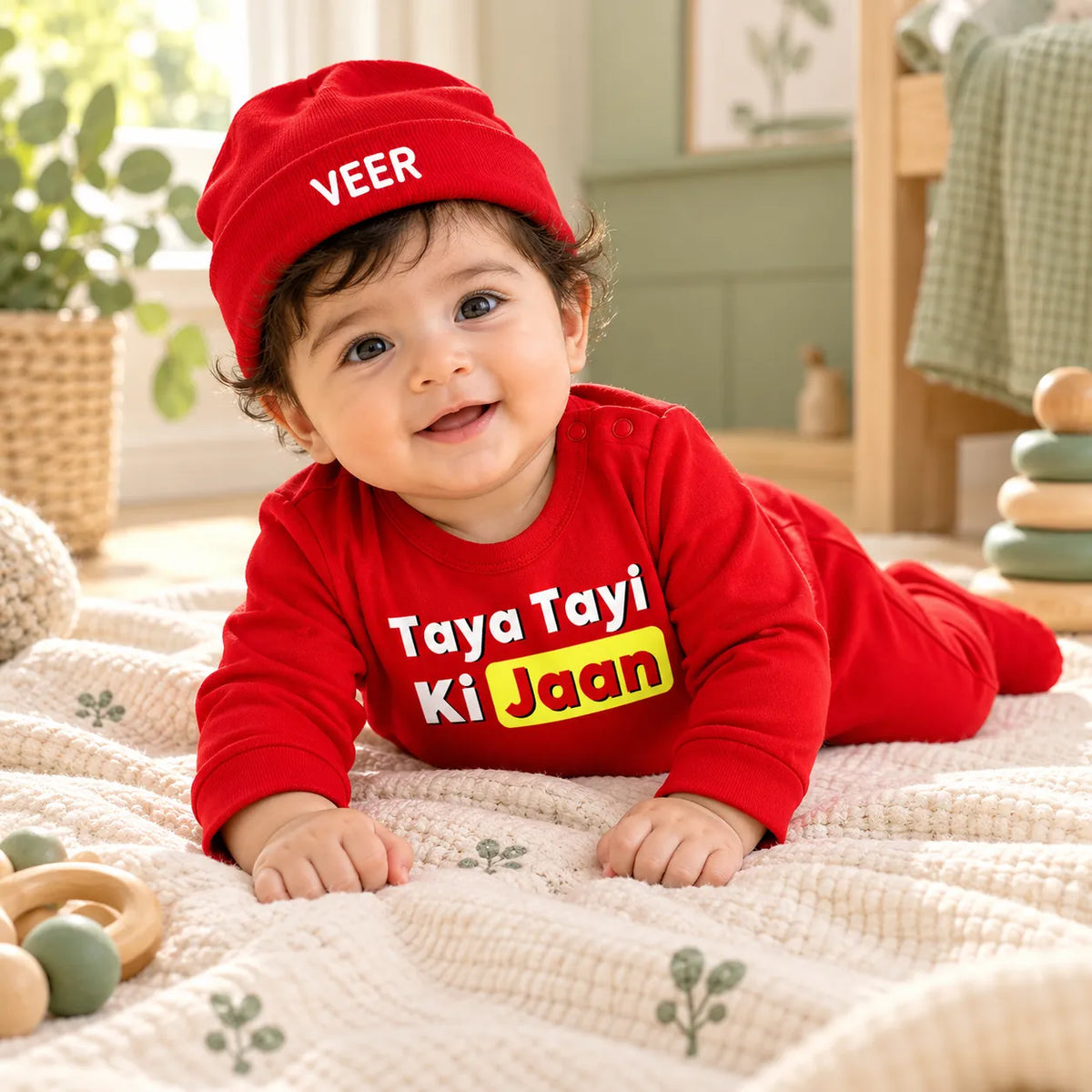 Taya Tayi Ki Jaan Personalized Baby Gift Set with Name Print – Jumpsuit, Cap, Mittens & Booties