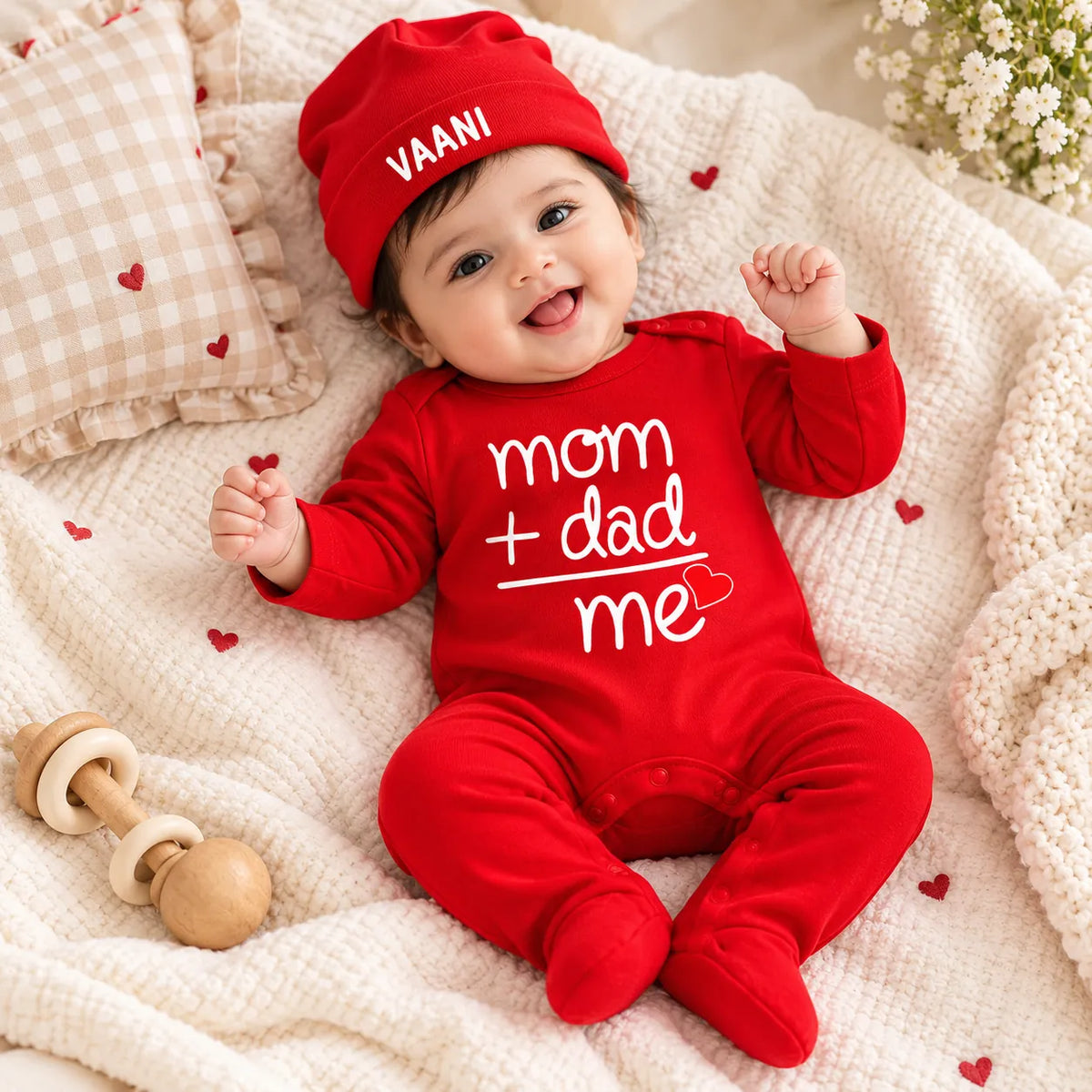 Mom + Dad = Me Personalized Baby Gift Set with Name Print – Jumpsuit, Cap, Mittens & Booties