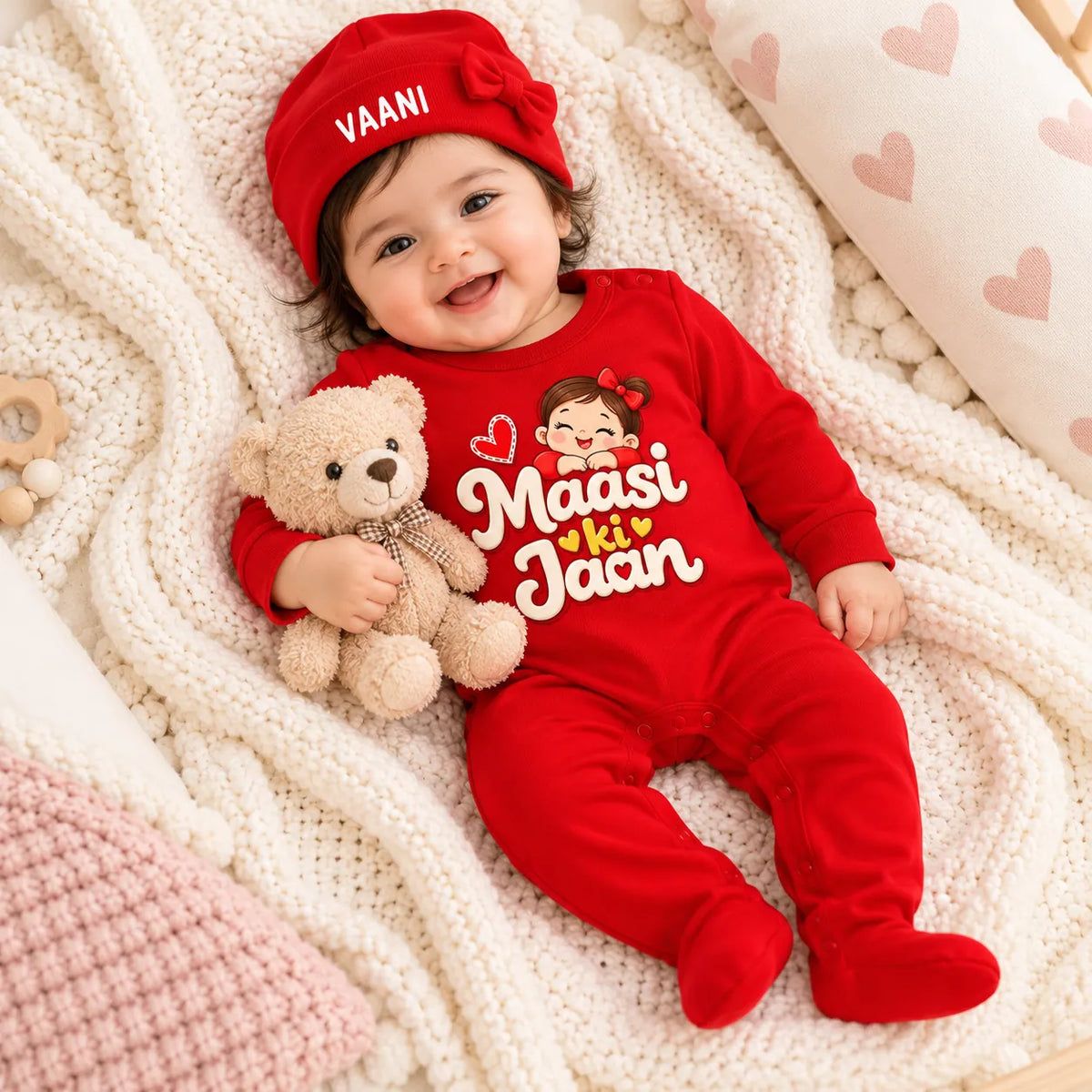 Maasi Ki Jaan Personalized Baby Girl Gift Set with Name Print – Jumpsuit, Cap, Mittens & Booties
