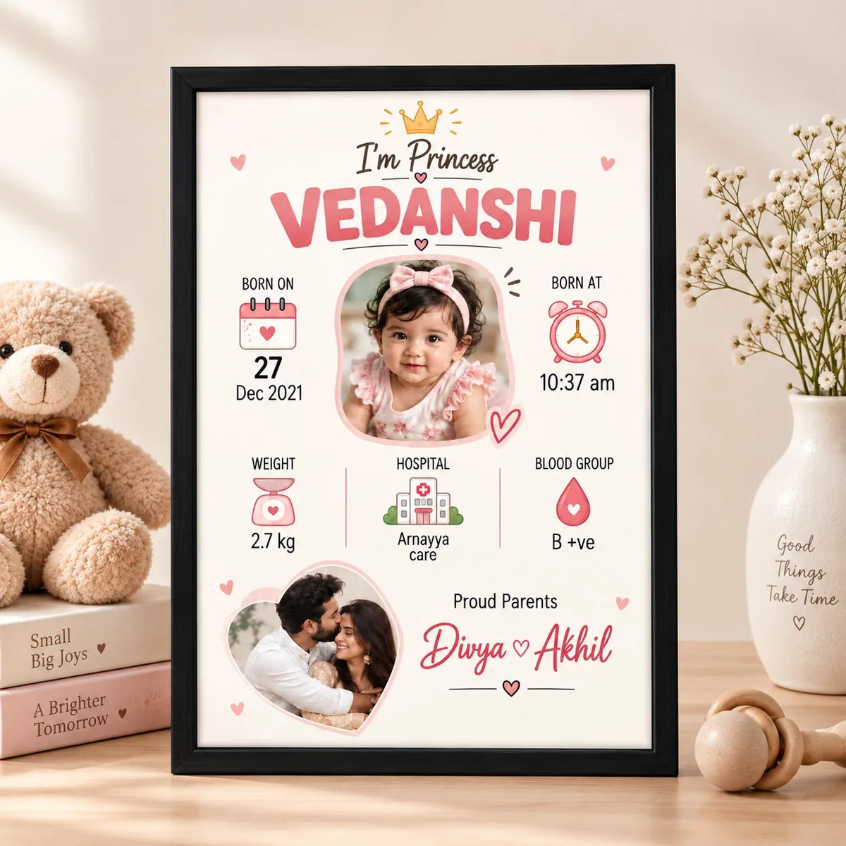 Personalised Baby Girl Birth Announcement Frame – Newborn Keepsake | KayoBaby