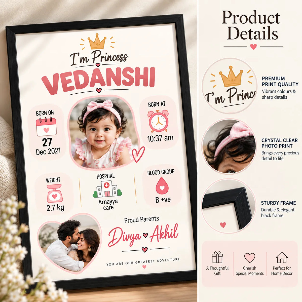 Personalised Baby Girl Birth Announcement Frame – Newborn Keepsake | KayoBaby
