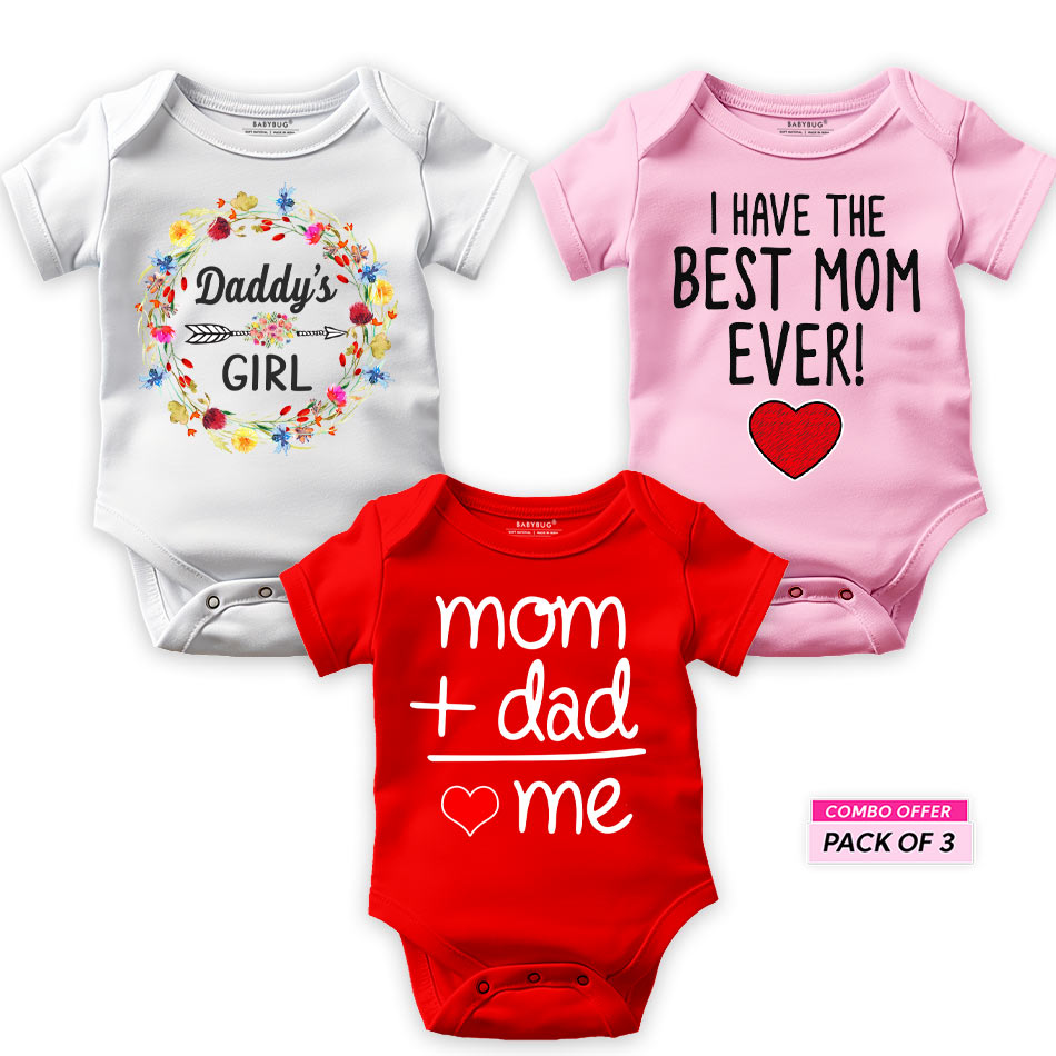 Mom and Dad Pack of 3 Rompers for Baby Girl - Set B