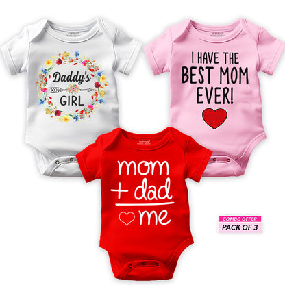 Mom and Dad Pack of 3 Rompers for Baby Girl - Set B