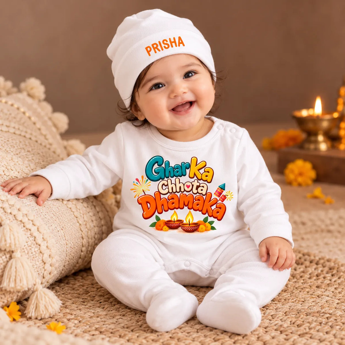 Personalized Baby Diwali Romper with Name Cap – Ghar Ka Chhota Dhamaka