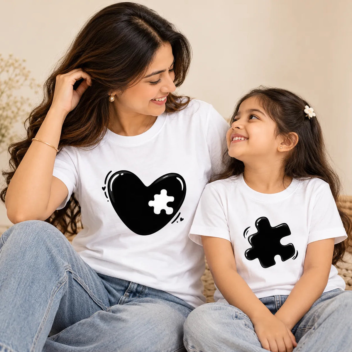 Mom & Baby Puzzle Heart Matching T-Shirts – Black Love Connection Set | KayoBaby