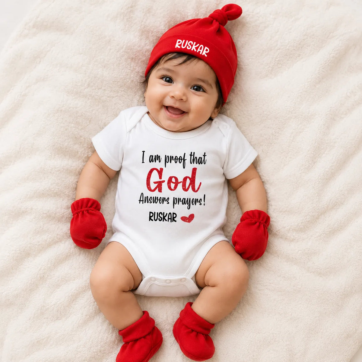 I Am Proof That God Answers Prayers Romper Set with Cap / Mitten / Booties For Newborn