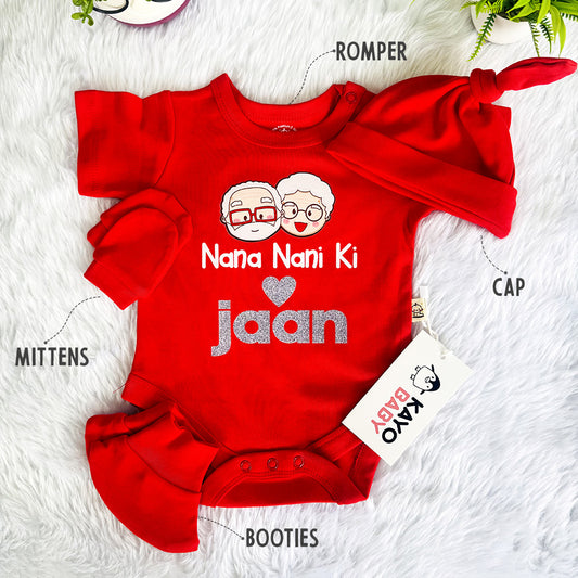 Nana Nani ki Jaan Romper Set with Cap / Mitten / Booties For Newborn