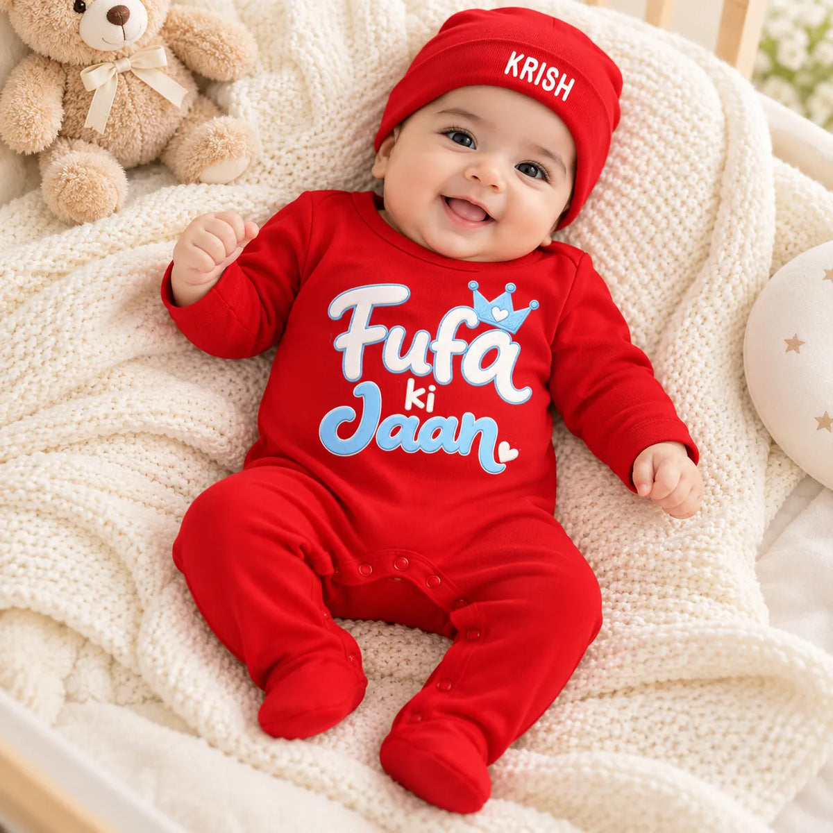 Fufa Ki Jaan Personalized Baby Gift Set with Name Print – Jumpsuit, Cap, Mittens & Booties