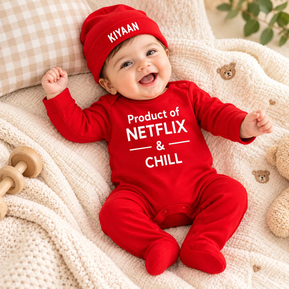 Netflix & Chill Personalized Baby Gift Set with Name Print – Jumpsuit, Cap, Mittens & Booties