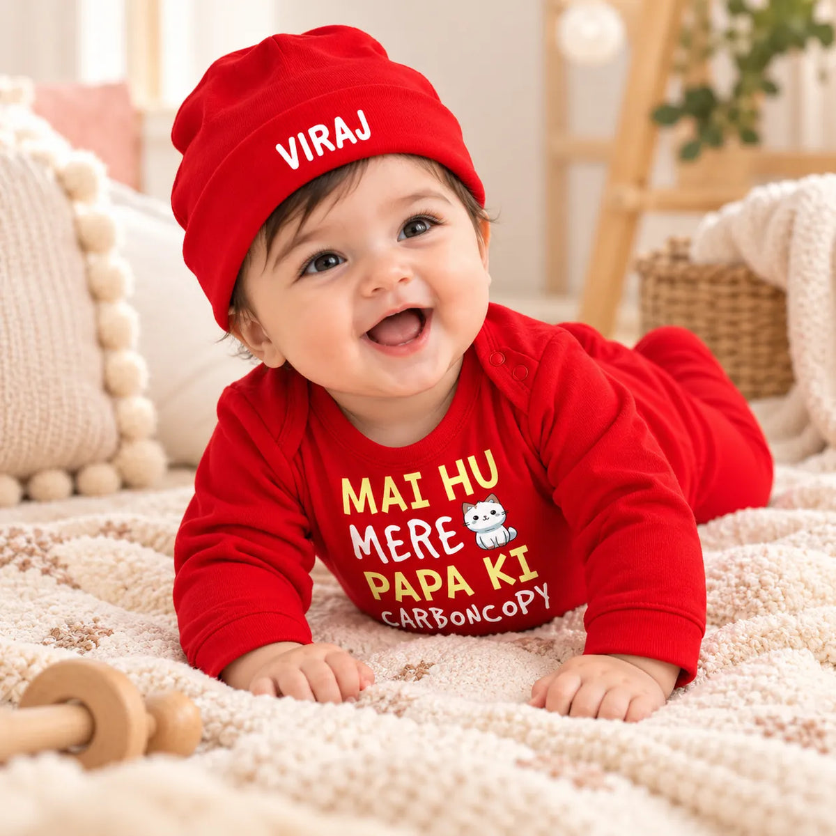 Papa Ki Carbon Copy Personalized Baby Gift Set with Name Print – Jumpsuit, Cap, Mittens & Booties