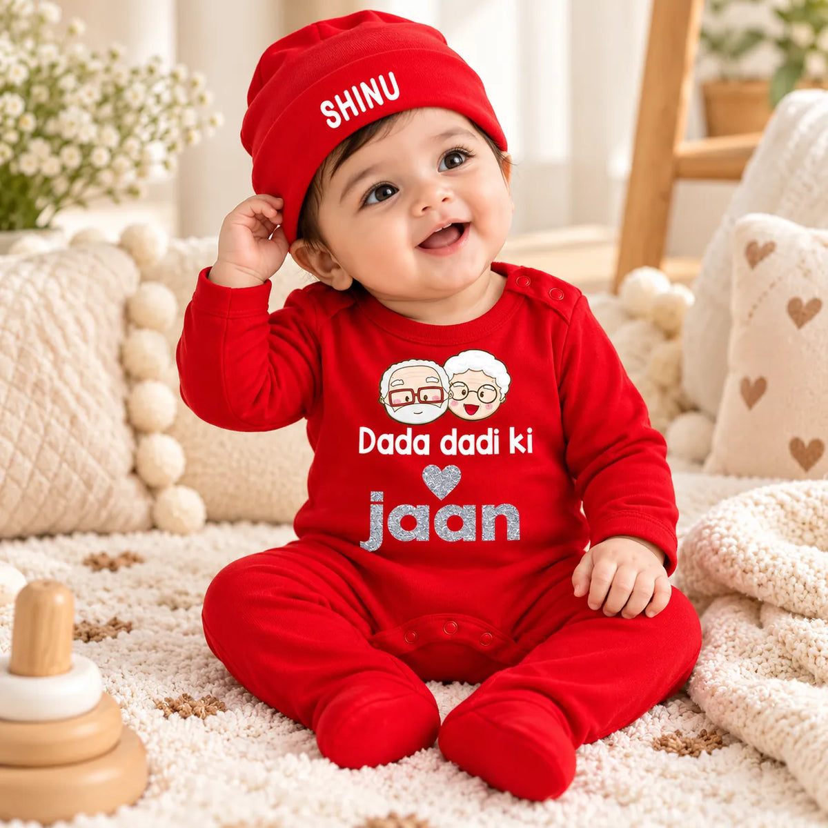 Dada Dadi Ki Jaan Personalized Baby Gift Set with Name Print – Jumpsuit, Cap, Mittens & Booties