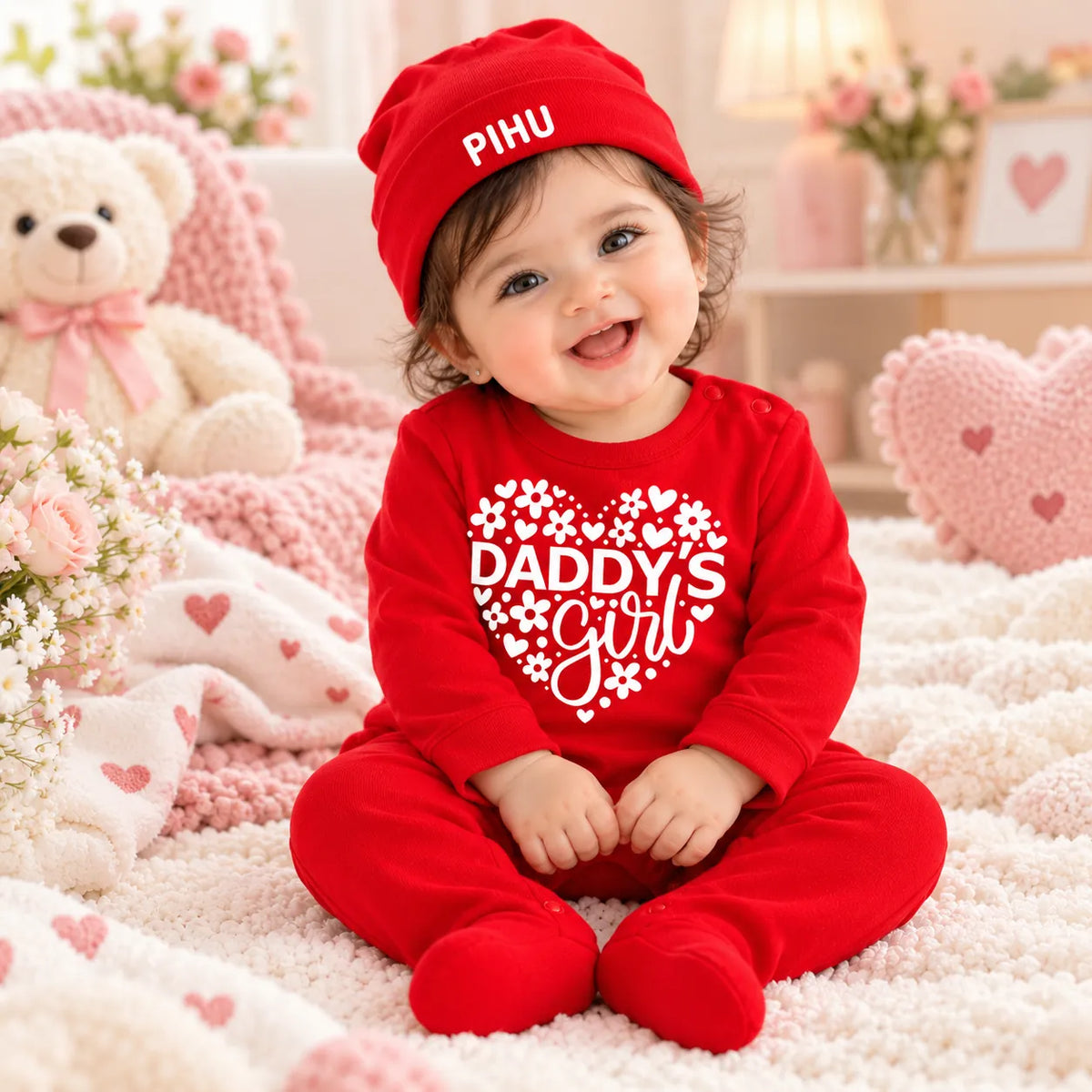 Daddy's Girl Personalized Baby Gift Set with Name Print – Jumpsuit, Cap, Mittens & Booties