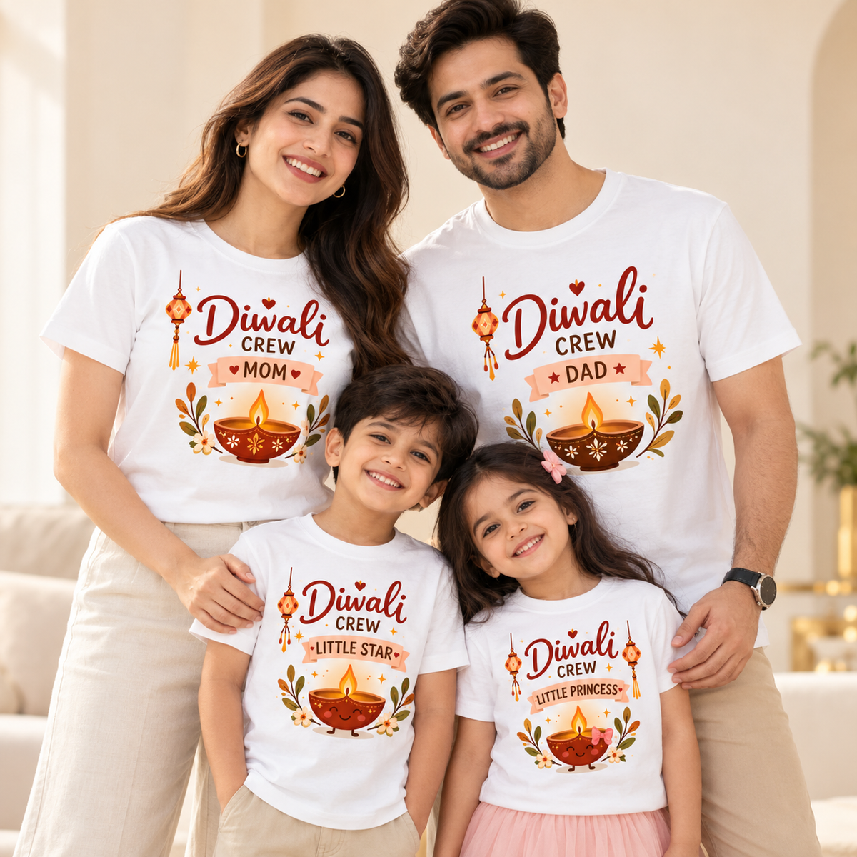 Diwali Crew Family Matching T-Shirts | Mom, Dad, Little Star & Little Princess(Set of 4)