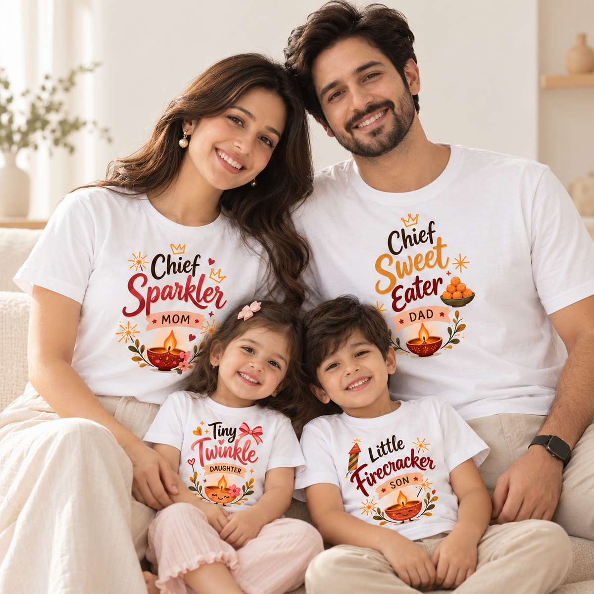 Diwali Family Matching T-Shirts Set | Chief Sparkler, Chief Sweet Eater & Kids Tees(Set of 4)